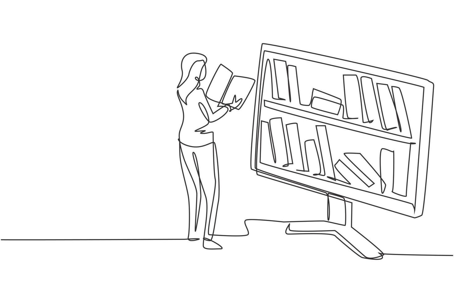 Continuous one line drawing female student reading book while standing in front of large monitor with bookshelf on screen. Mobile education concept. Single line draw design vector graphic illustration