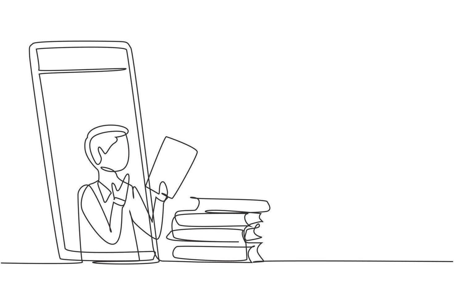 Continuous one line drawing male teacher is teaching, half of his body is out of smartphone screen and beside him is pile of books. internet class. Single line draw design vector graphic illustration