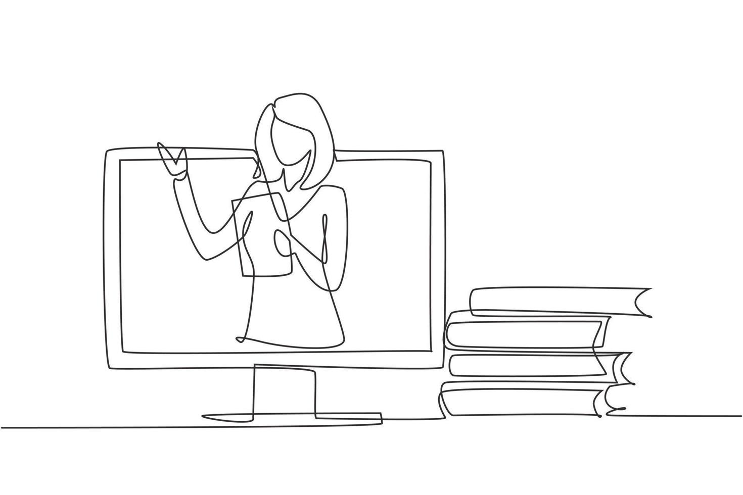 Single continuous line drawing female teacher is teaching, half of her body is out of laptop screen and beside her is pile of books. internet class. One line draw graphic design vector illustration