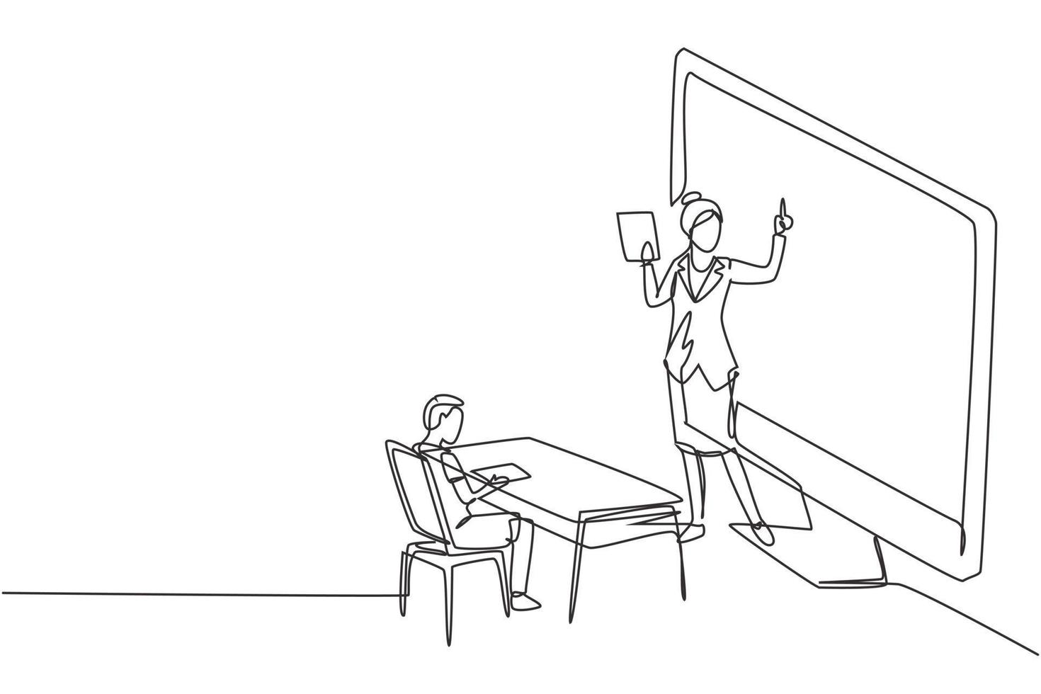 Continuous one line drawing female teacher standing in front of monitor screen holding book and teaching male junior high school students sitting on benches around desk. Single line draw design vector