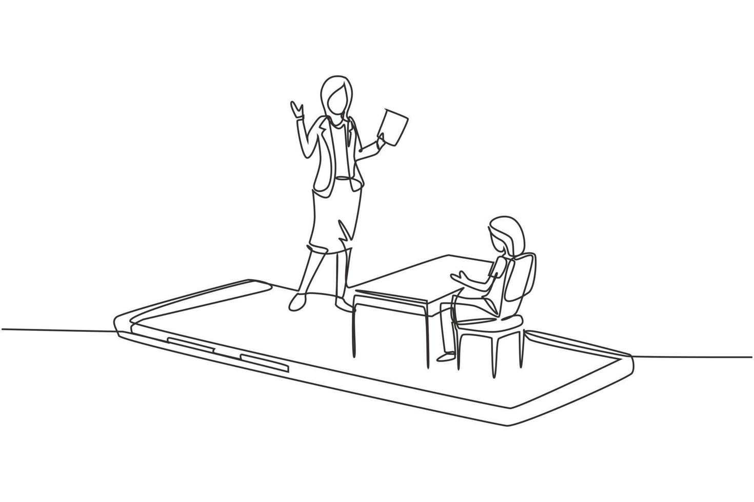 Single continuous line drawing female teacher teaching female junior high school student who sits on bench around desk and studies on smartphone. One line draw graphic design vector illustration