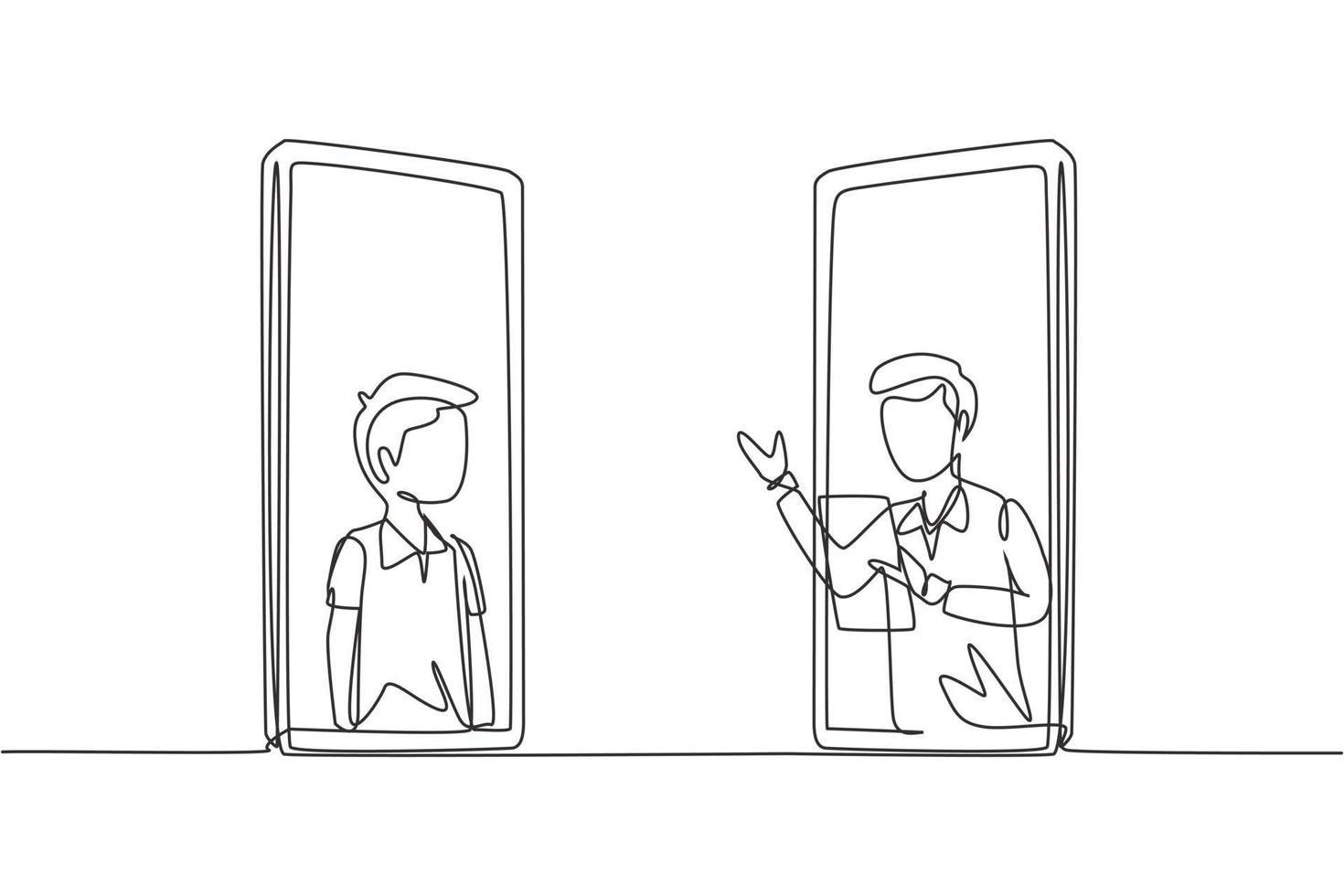 Single one line drawing two smartphones are standing in front of each other, one side contains male junior high school student studying and the other contains male teacher teaching. Draw design vector