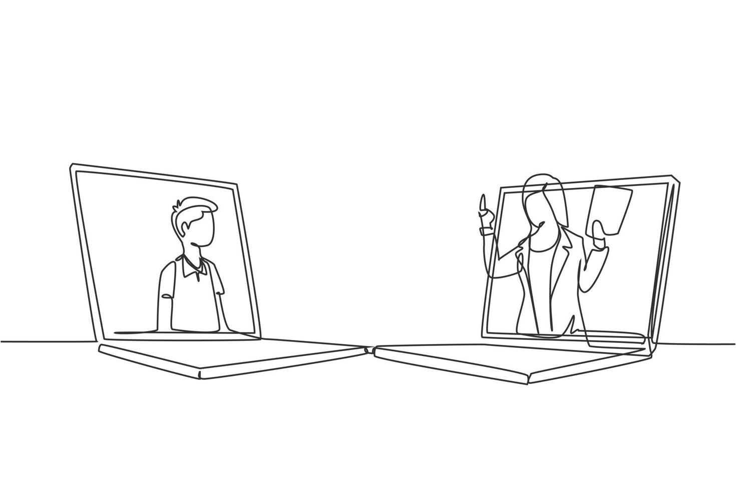Single one line drawing two laptops are standing in front of each other, one side contains male junior high school student studying and the other contains female teacher teaching. Draw design vector