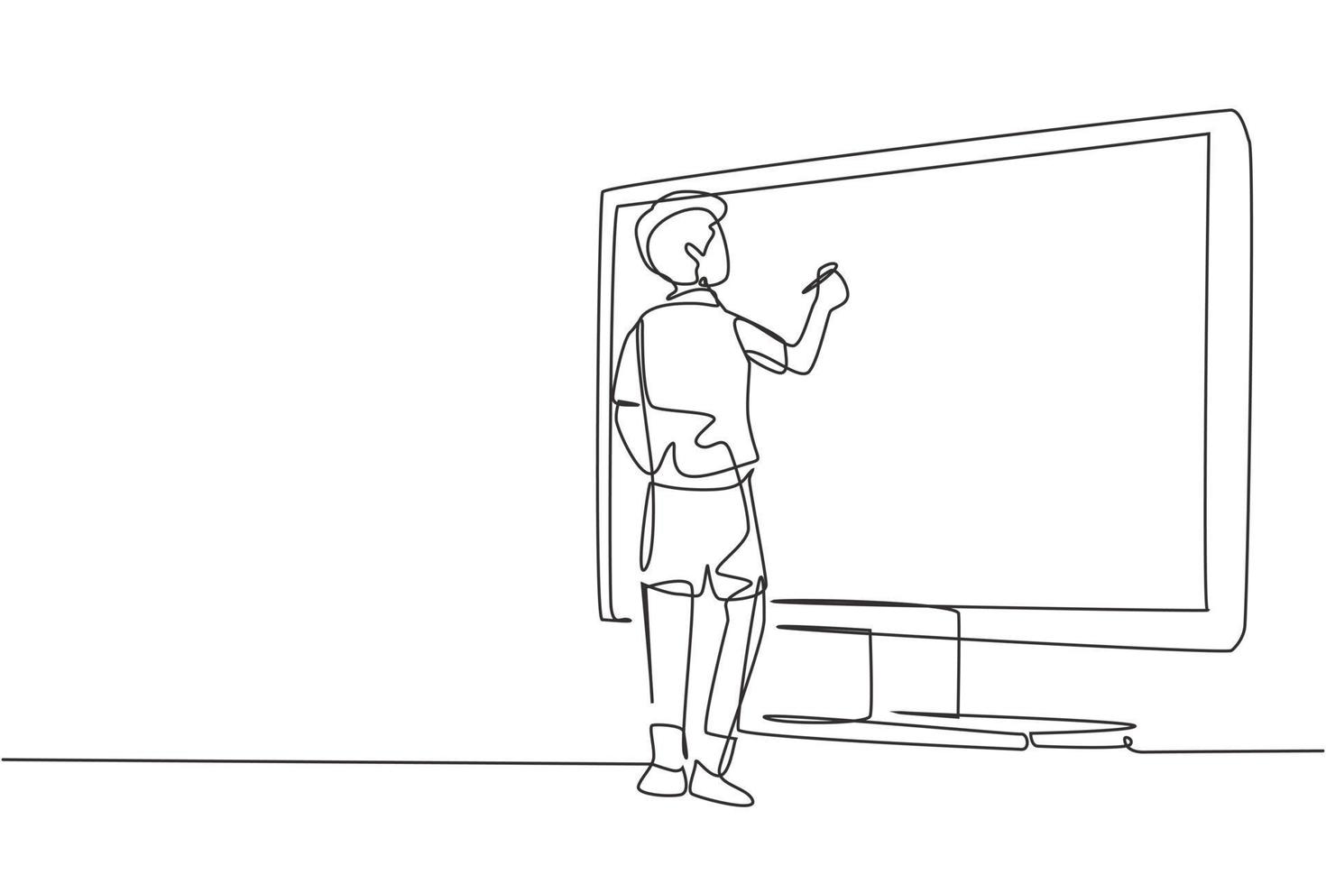 Single continuous line drawing male junior high school student writing on giant monitor screen like he was writing on whiteboard. Learning concept. One line draw graphic design vector illustration