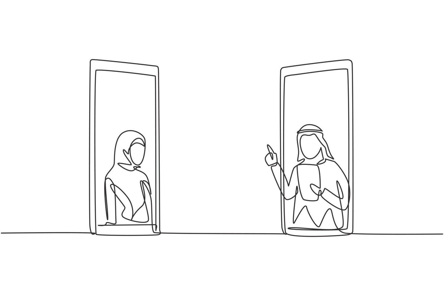 Single one line drawing two smartphones are standing in front of each other, one side contains hijab female student studying and the other contains Arab male teacher teaching. Line draw design graphic vector