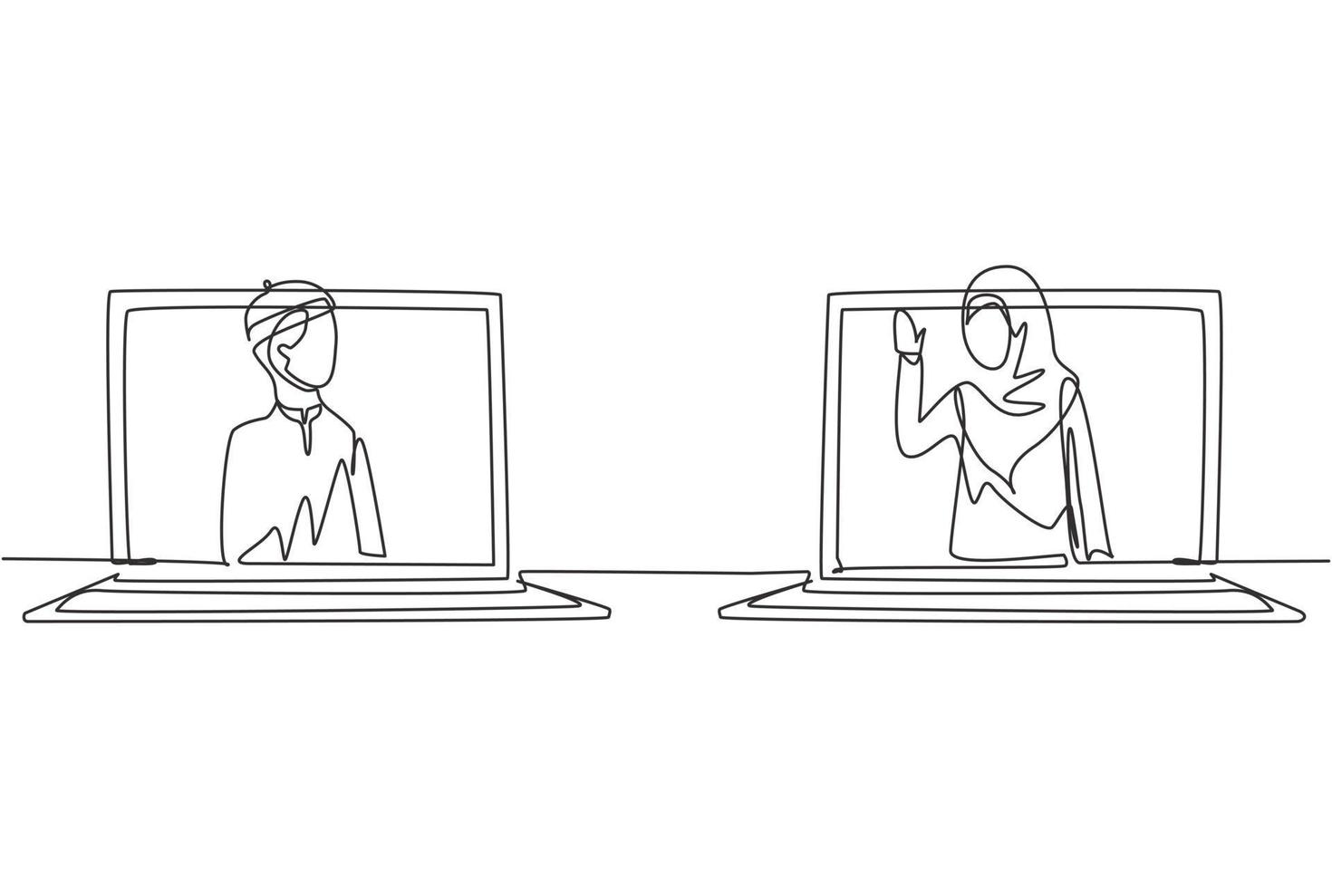 Continuous one line drawing two laptops are standing in front of each other, one side contains Arab male student studying and the other contains hijab female teacher teaching. Single line draw design vector