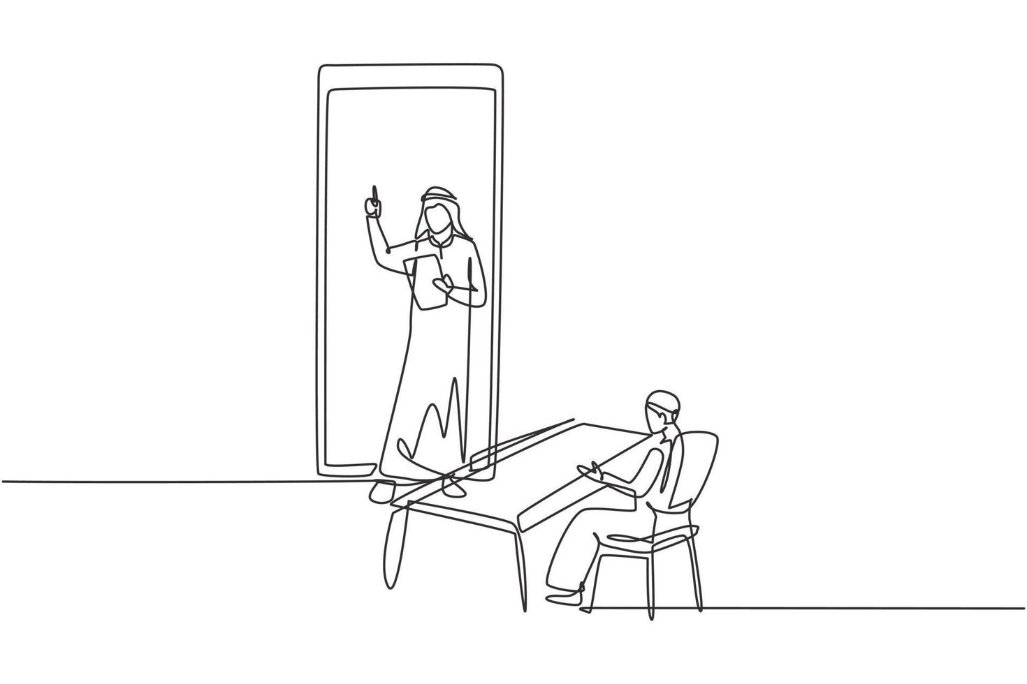 Single continuous line drawing Arab male teacher standing in front of smartphone screen holding book and teaching Arabian male students sitting on benches around desk. Dynamic one line draw graphic vector