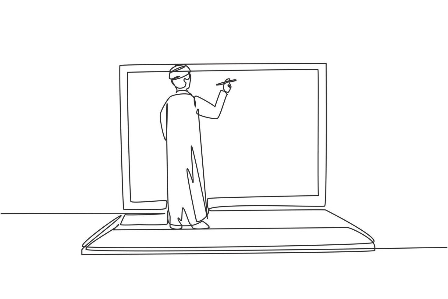 Single one line drawing Arabian male junior high school student writing on giant laptop screen like he was writing on whiteboard. Modern continuous line draw design graphic vector illustration