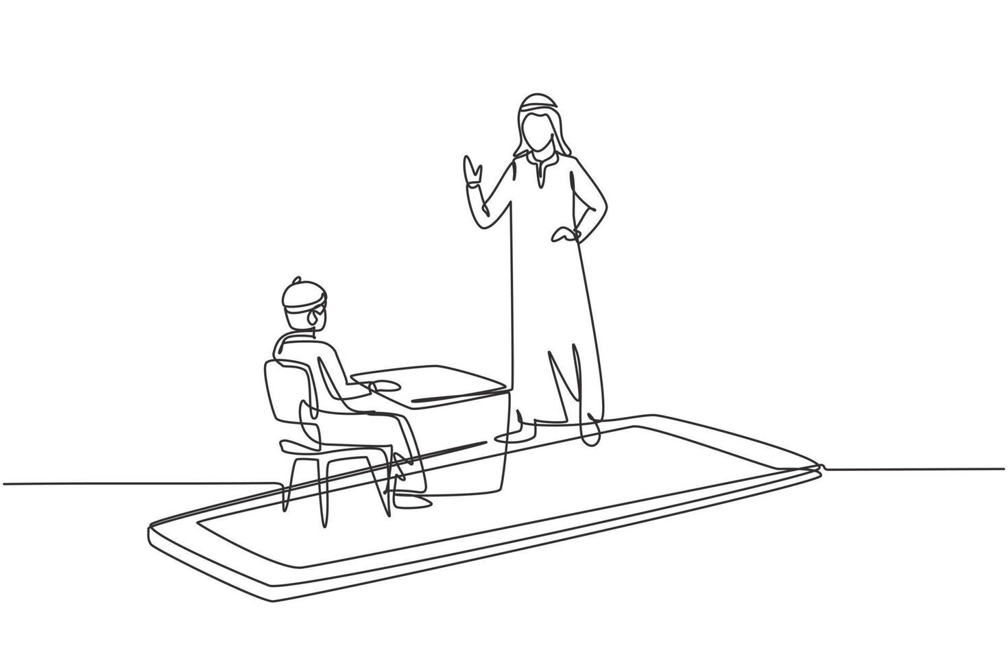 Continuous one line drawing Arabian male teacher teaching male junior high school student who sits on bench around desk and studies on smartphone. Single line draw design vector graphic illustration