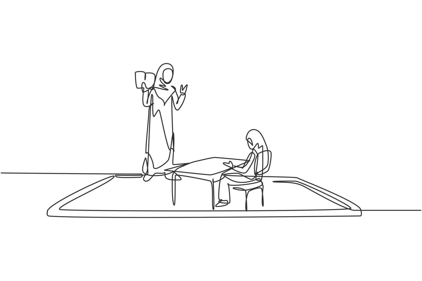 Single continuous line drawing hijab female teacher teaching female junior high school student who sits on bench around desk and studies on smartphone. One line draw graphic design vector illustration