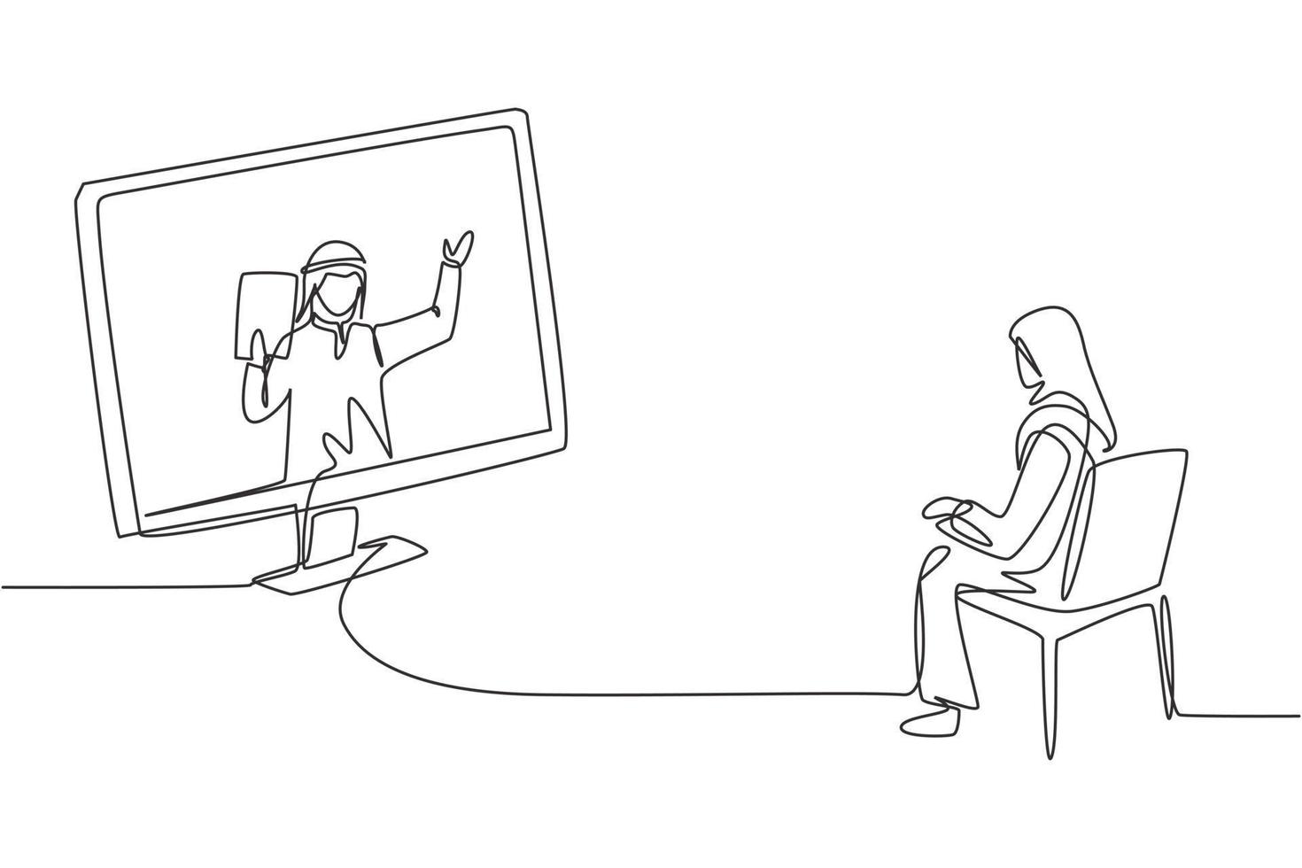 Continuous one line drawing hijab female student sitting studying staring at monitor screen and inside laptop there is male Arabian lecturer who is teaching. Single design vector graphic illustration