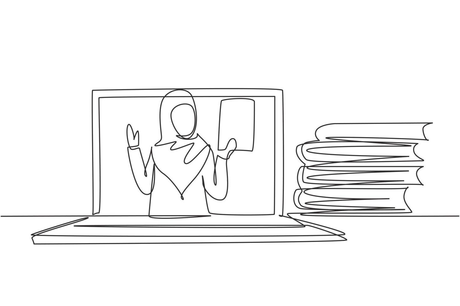 Single one line drawing Arabian female teacher is teaching, half of her body is out of laptop screen and beside her is pile of books. Modern continuous line draw design graphic vector illustration