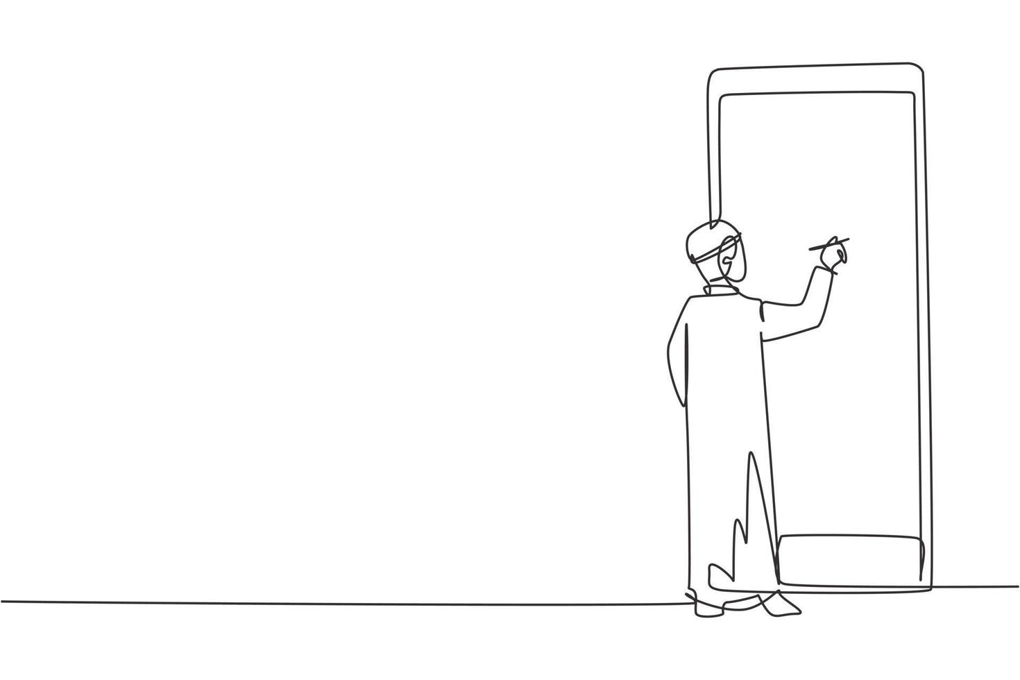 Single continuous line drawing Arabian male junior high school student writing on giant smartphone screen like he was writing on whiteboard. Dynamic one line draw graphic design vector illustration