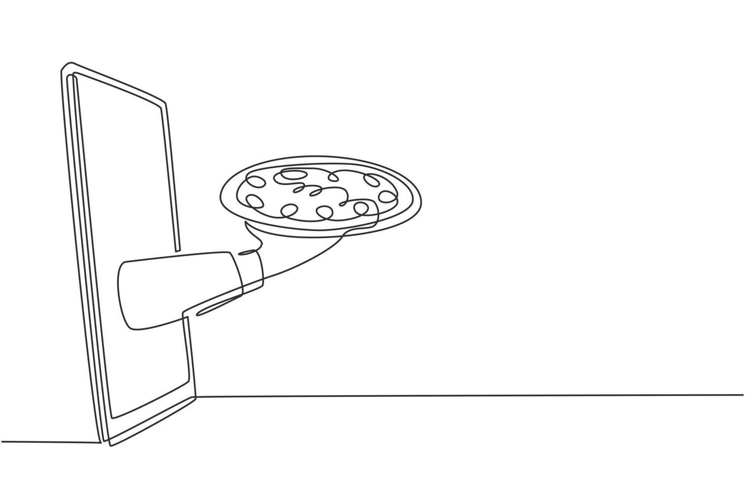 Single one line drawing Hands out of smartphone screen with tray open to serve pizza. Order food digitally. Online delivery service concept. Continuous line draw design graphic vector illustration