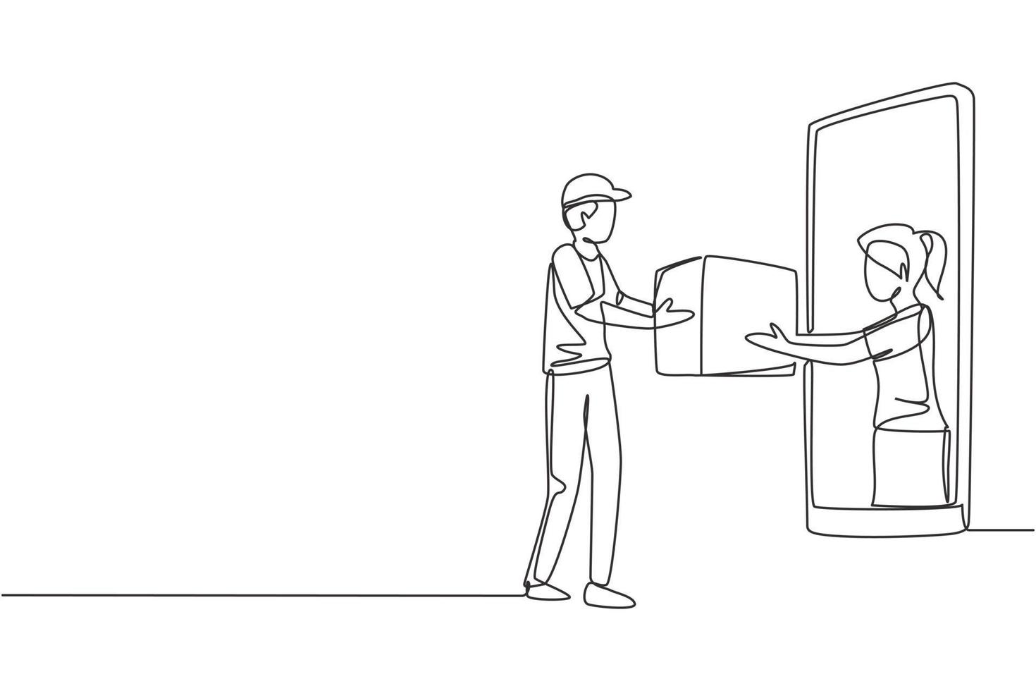 Continuous one line drawing female customer receives boxed package, through smartphone screen from male courier. Online delivery service concept. Single line draw design vector graphic illustration