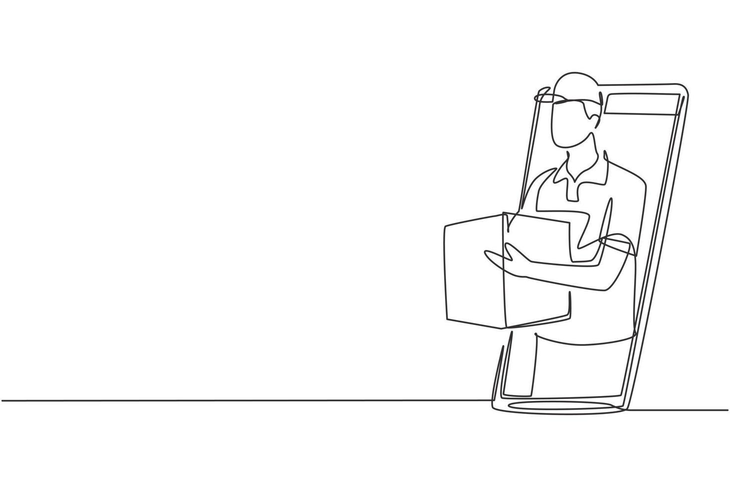 Continuous one line drawing male courier delivers box package, through smartphone screen. E-commerce. Online delivery service. Fast delivery parcel concept. Single line draw design vector illustration