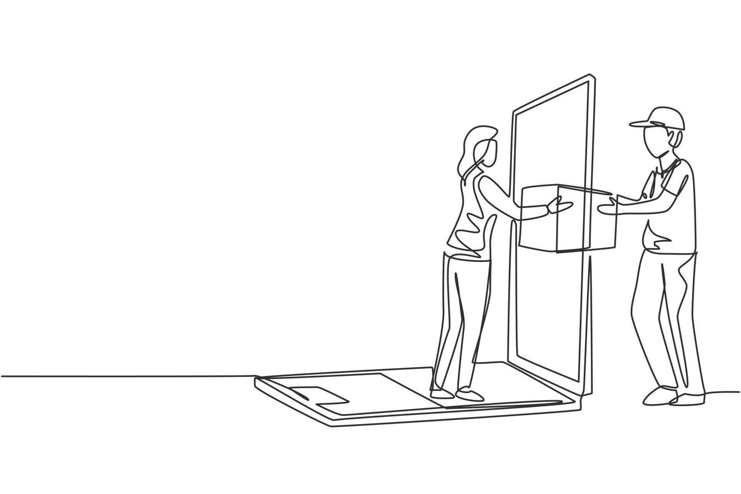 Single continuous line drawing male courier delivers box package, through laptop screen to female customer. Online delivery service concept. Dynamic one line draw graphic design vector illustration