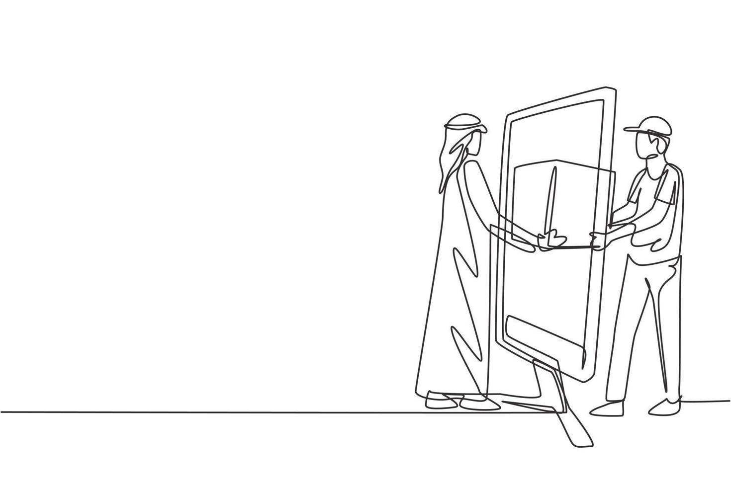 Continuous one line drawing male courier delivers box package, through monitor screen to Arabian male customer. Online delivery service concept. Single line draw design vector graphic illustration