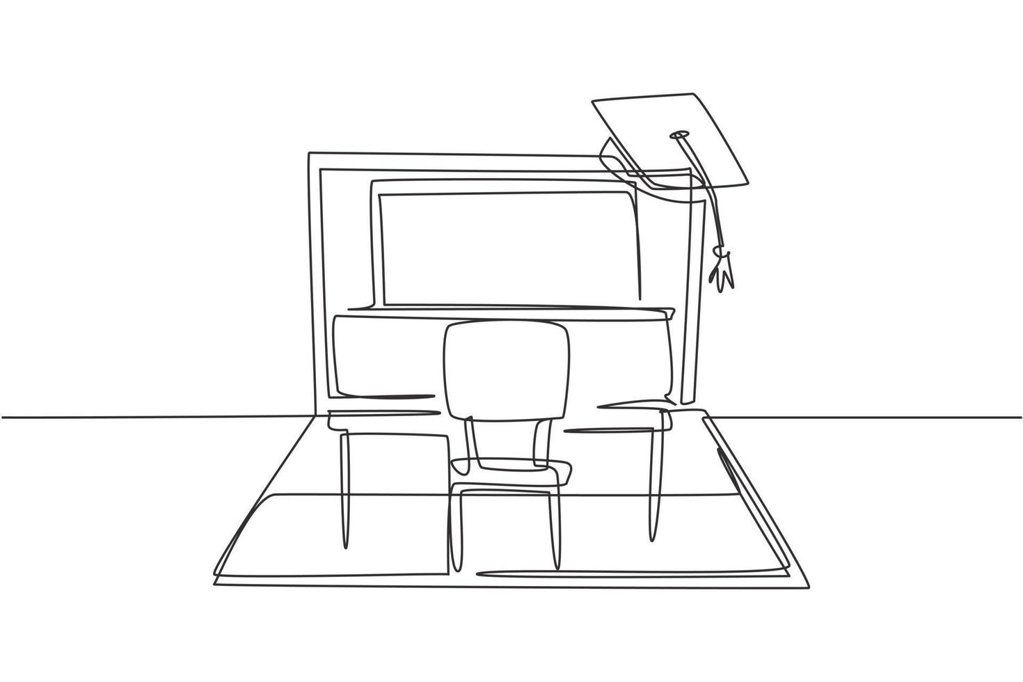 una sola línea dibujando sillas de estudio vacías y escritorios frente a una pantalla gigante de computadora portátil en la que hay una pizarra y una gorra de graduación en la parte superior. Ilustración de vector gráfico de diseño de dibujo de línea continua moderna