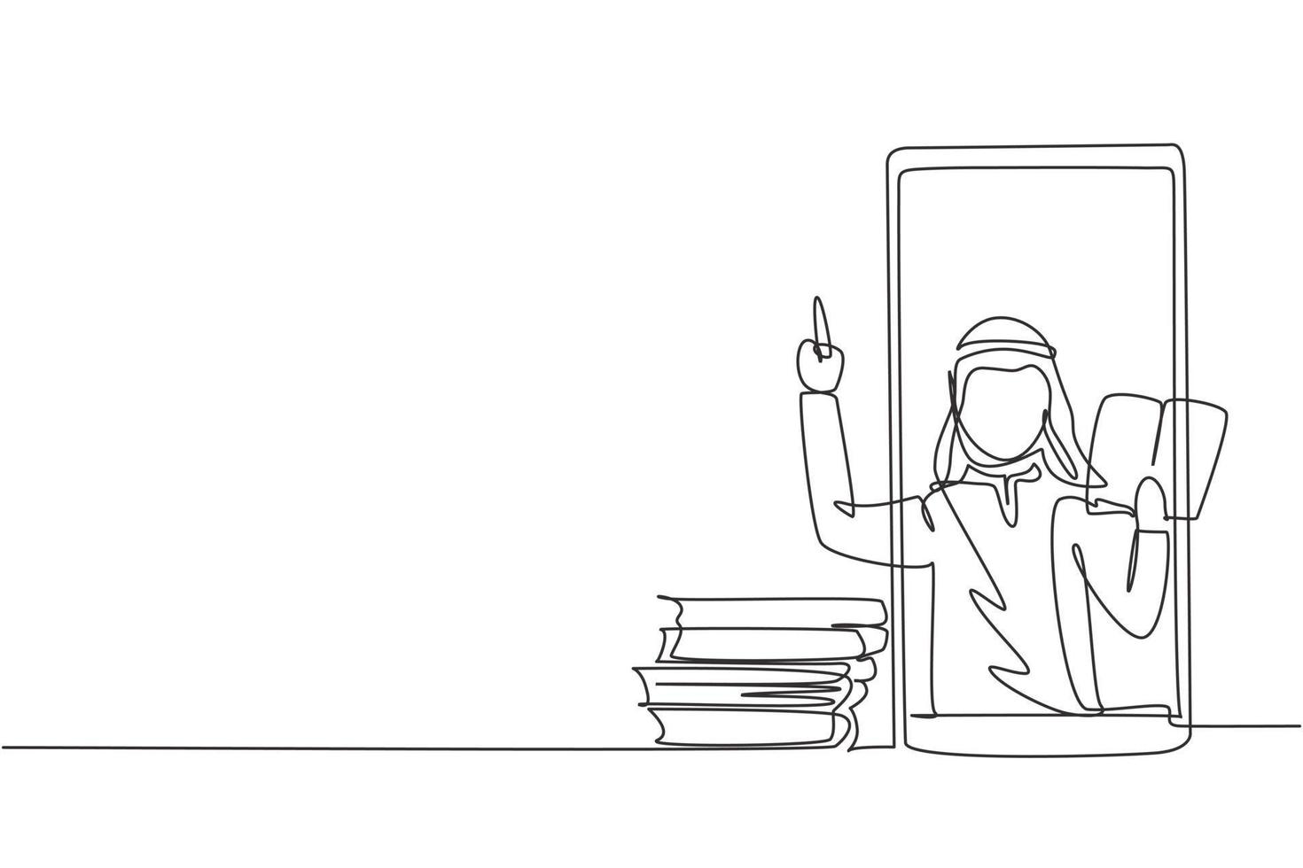 Single continuous line drawing Arabian male teacher is teaching, half of his body is out of smartphone screen and beside him is pile of books. Dynamic one line draw graphic design vector illustration