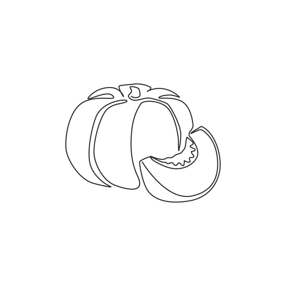 One single line drawing of whole round healthy organic pumpkin for orchard logo identity. Fresh seasonal fruitage concept for fruit garden icon. Modern continuous line draw design vector illustration