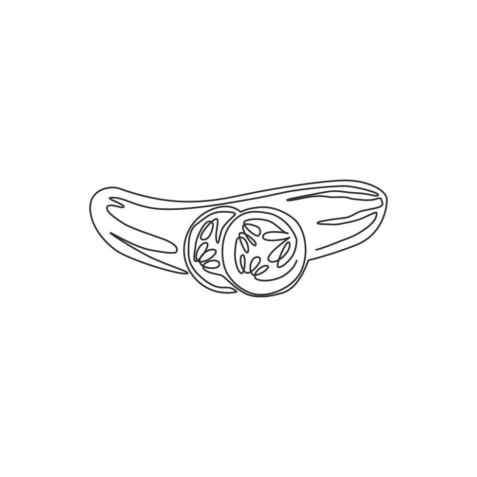 One single line drawing whole and sliced healthy organic cucumber for orchard logo identity. Fresh vegetable concept for vegan garden icon. Continuous line draw design graphic vector illustration