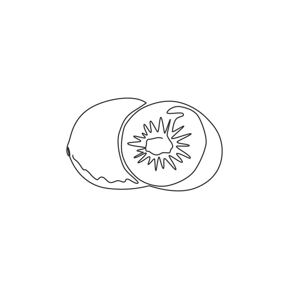 Single continuous line drawing of whole and half sliced healthy organic kiwi for orchard logo identity. Fresh tropical fruit concept for garden icon. Modern one line draw design vector illustration
