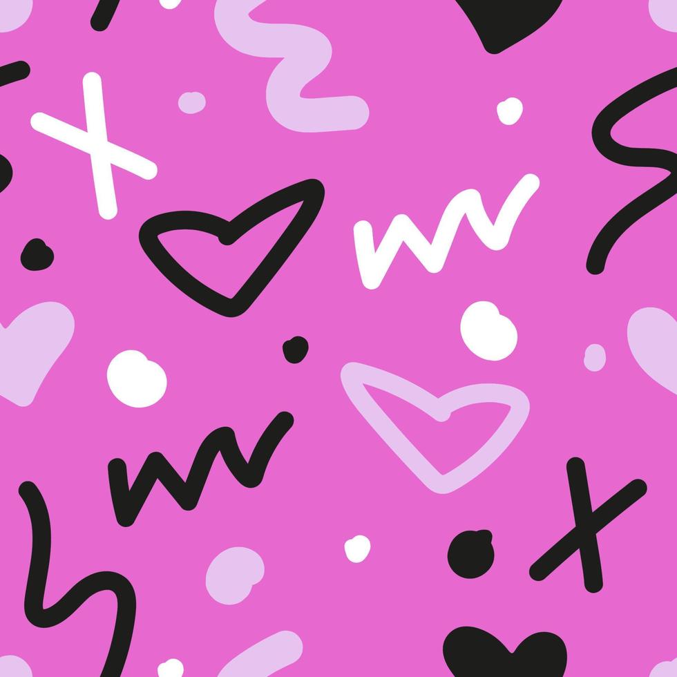 Seamless pattern with doodles and scribbles hearts, stars and dots. Flat vector background