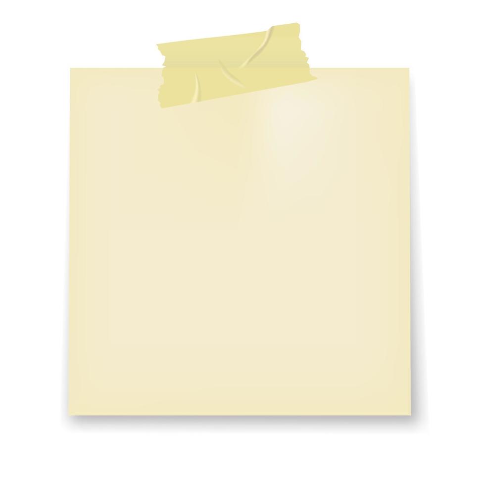 A piece of blank paper note taped on the white background. Empty paper note template with adhesive tape. Suitable for memo and notepad mockup vector illustration.