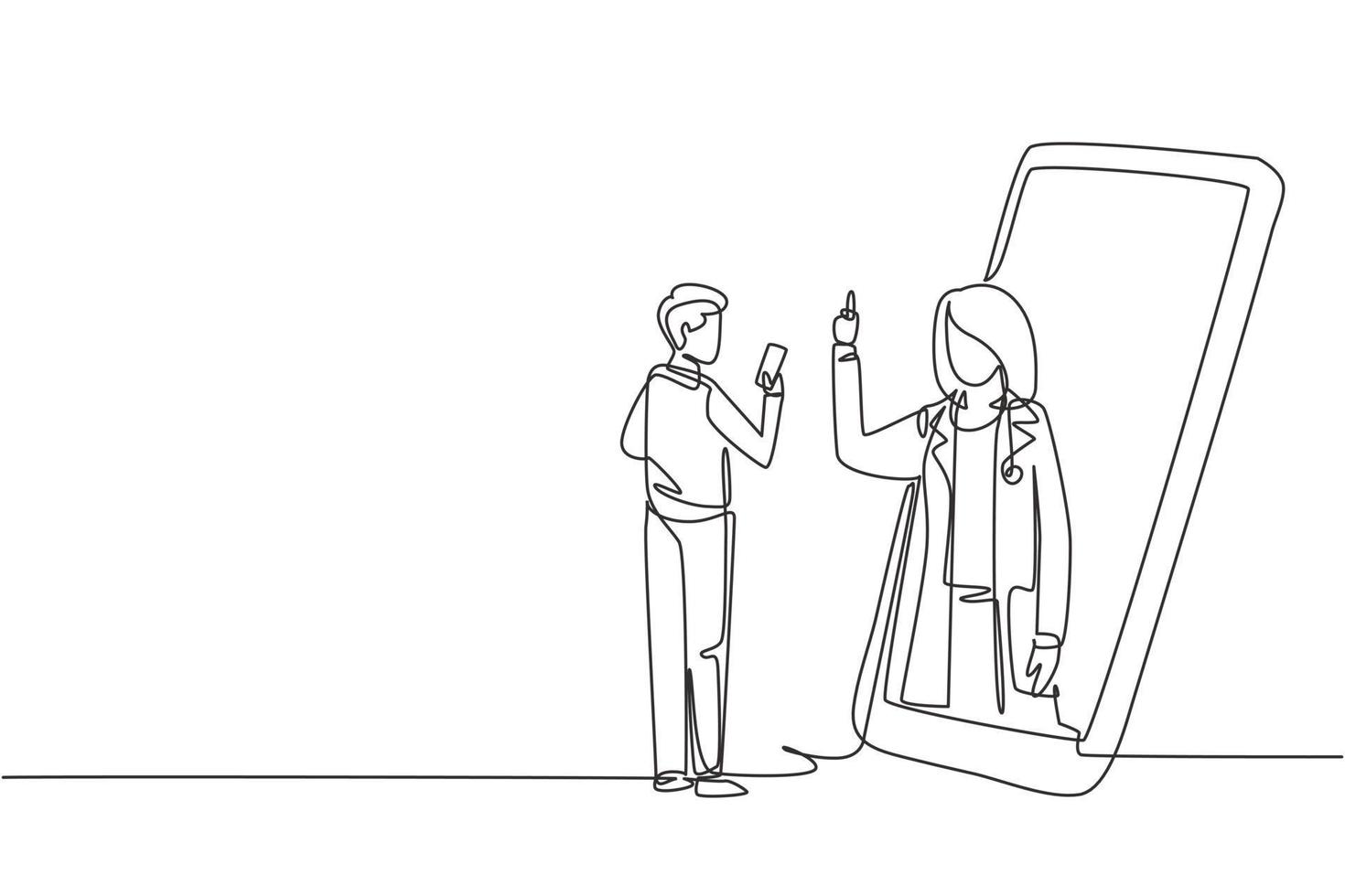 Un paciente masculino de dibujo continuo de una línea sostiene un teléfono inteligente de pie frente a un teléfono inteligente gigante y consulta a una doctora. médico concepto en línea. Ilustración gráfica de vector de diseño de dibujo de una sola línea