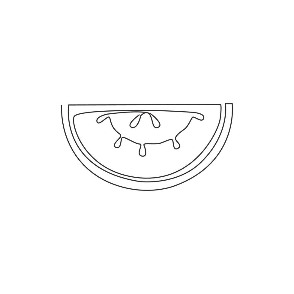 Single continuous line drawing of sliced healthy organic watermelon for orchard logo identity. Fresh fruitage concept for fruit garden icon. Modern one line draw graphic design vector illustration