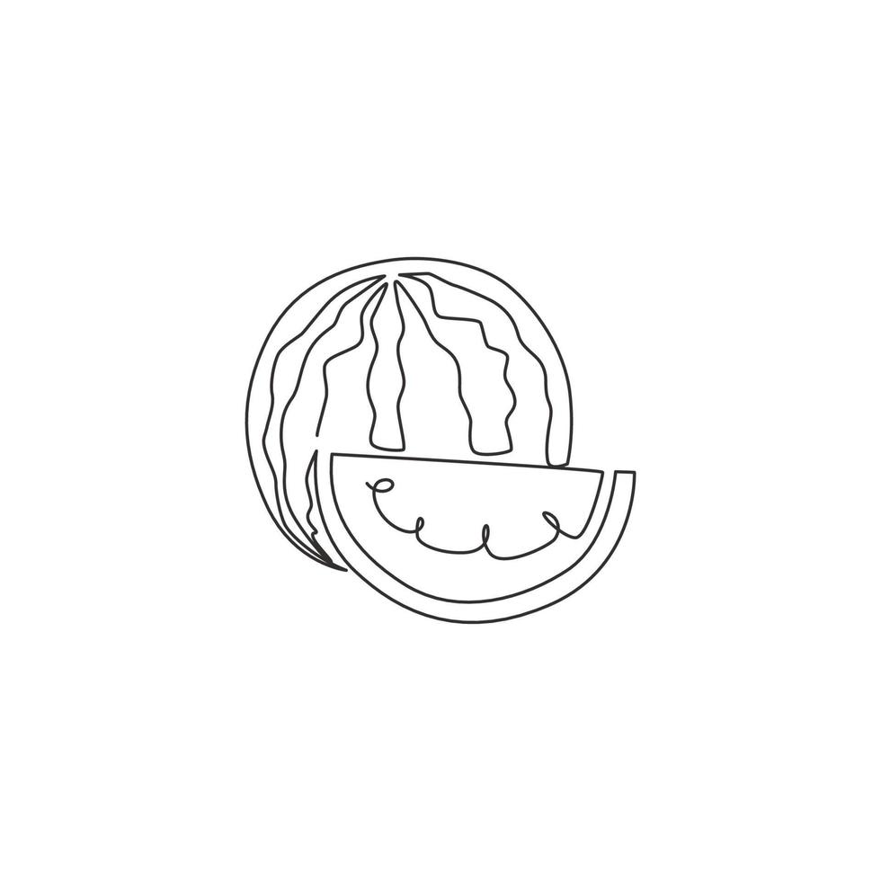 Single one line drawing of sliced and whole healthy organic watermelon for orchard logo identity. Fresh fruitage concept for fruit garden icon. Modern continuous line draw design vector illustration