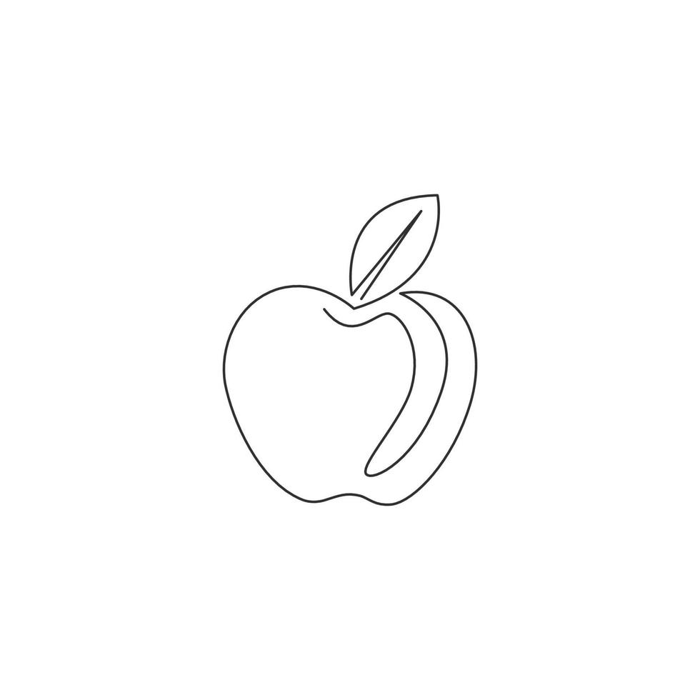 Single one line drawing of whole healthy organic apple for orchard logo identity. Fresh sweet fruitage concept for fruit garden icon. Modern continuous line graphic draw design vector illustration