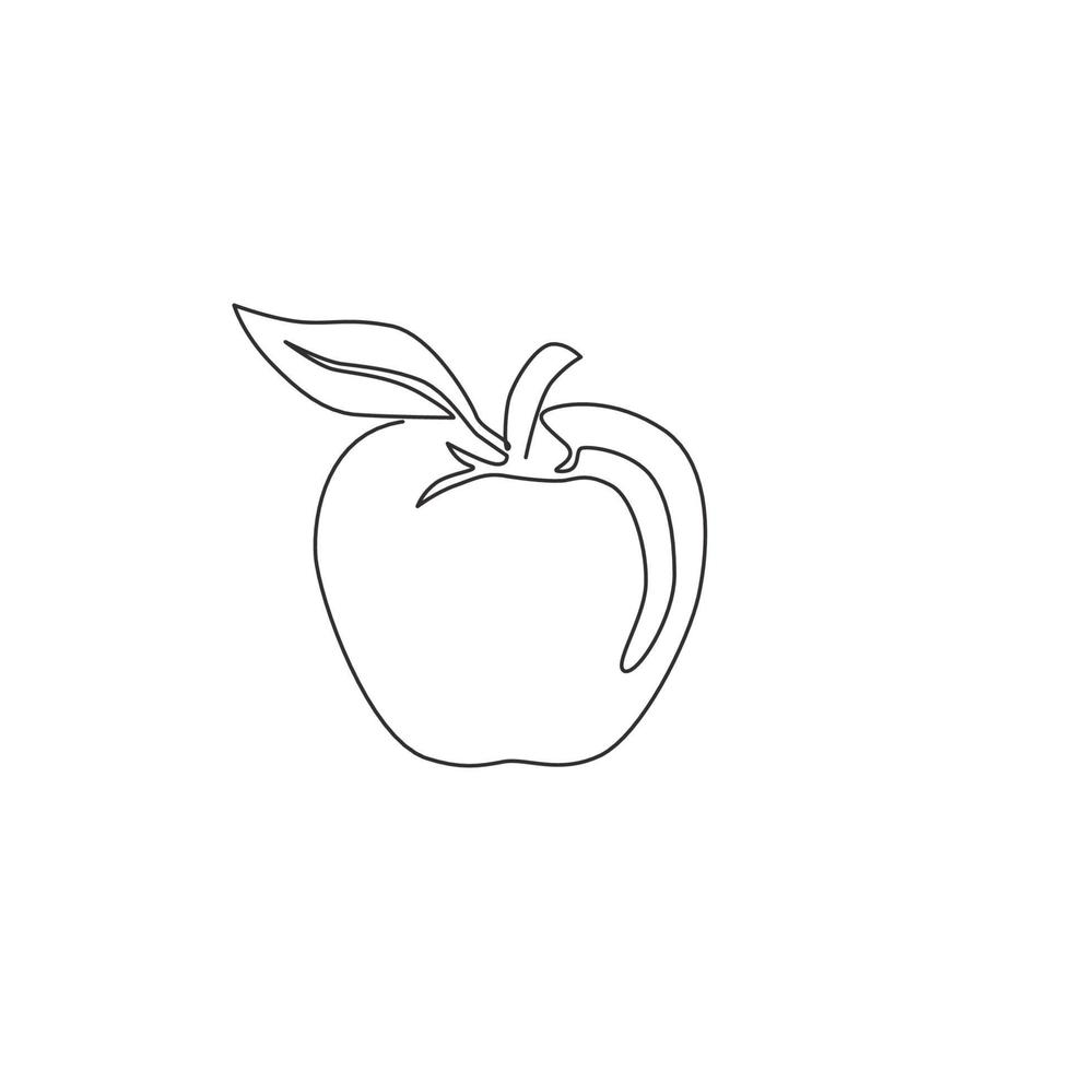 Single continuous line drawing of whole healthy organic apple for orchard logo identity. Fresh summer fruitage concept for fruit garden icon. Modern one line graphic draw design vector illustration