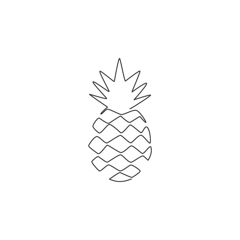 Single continuous line drawing whole healthy organic pineapple for orchard logo identity. Fresh summer fruitage concept for fruit garden icon. Modern one line graphic draw design vector illustration