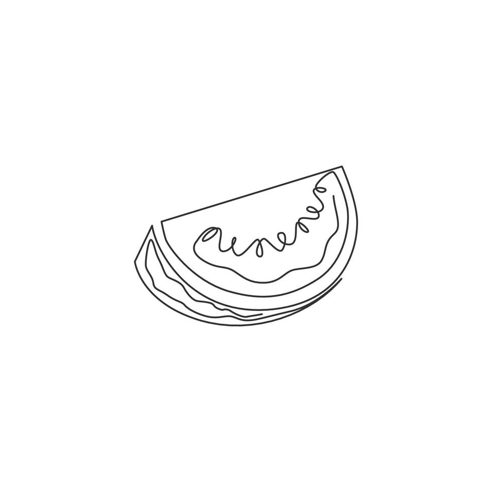 One continuous line drawing of sliced healthy organic watermelon for orchard logo identity. Fresh fruitage concept for fruit garden icon. Modern single line draw design graphic vector illustration