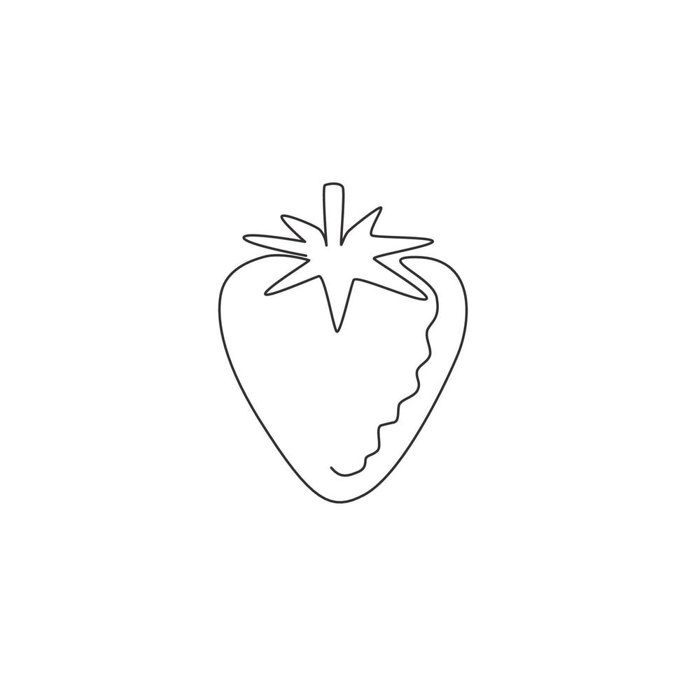 One continuous line drawing of whole healthy organic strawberry for orchard logo identity. Fresh berry concept for fruit garden icon. Modern single line draw design vector graphic illustration