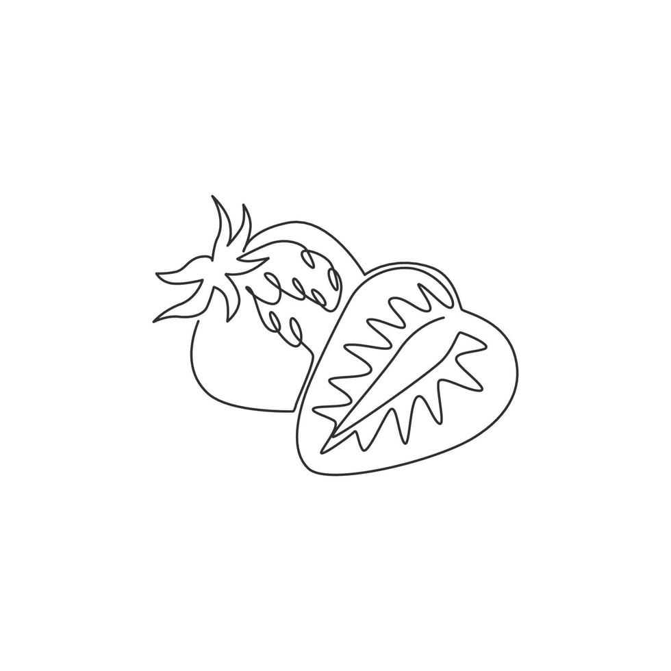 Single one line drawing sliced healthy organic strawberry for orchard logo identity. Fresh berry fruitage concept for fruit garden icon. Modern continuous line draw graphic design vector illustration
