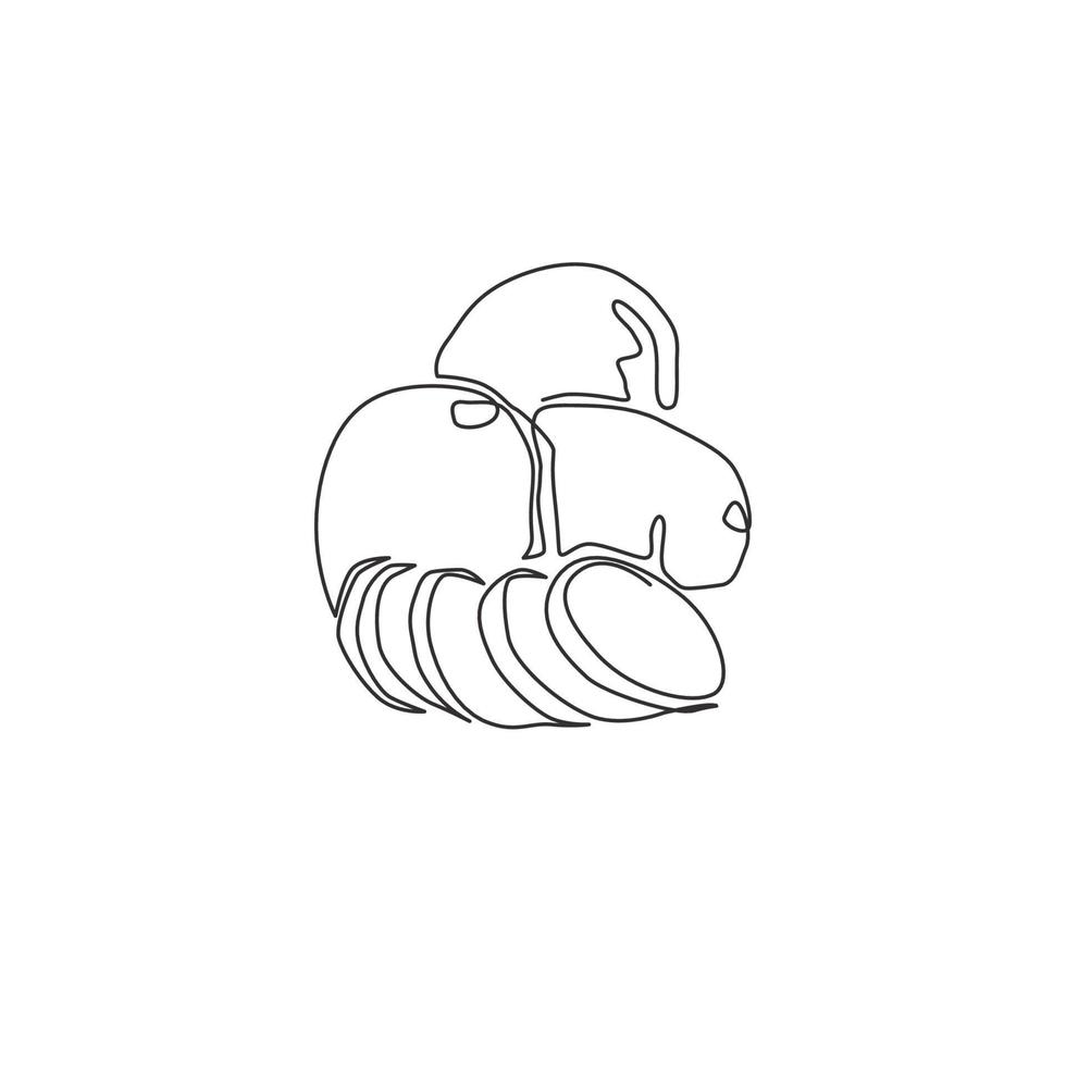 Single continuous line drawing of whole healthy organic spud potatoes for farm logo identity. Fresh food crop concept for vegan plantation icon. Modern one line draw design vector graphic illustration