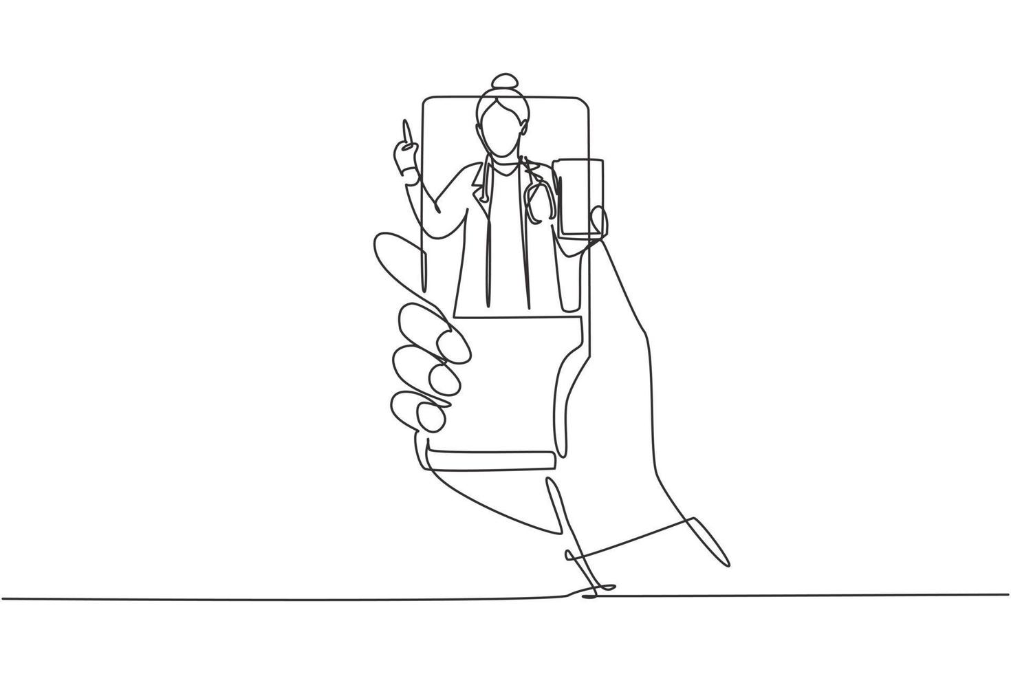 Single one line drawing hand holding smartphone and there is female doctor coming out of smartphone screen holding clipboard. Online consultation concept. Modern continuous draw design graphic vector