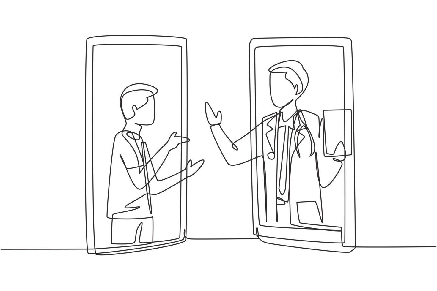 Single continuous line drawing two smartphones face to face and contain male patient and male doctor with their bodies as if coming out of a smartphone. Dynamic one line draw graphic design vector