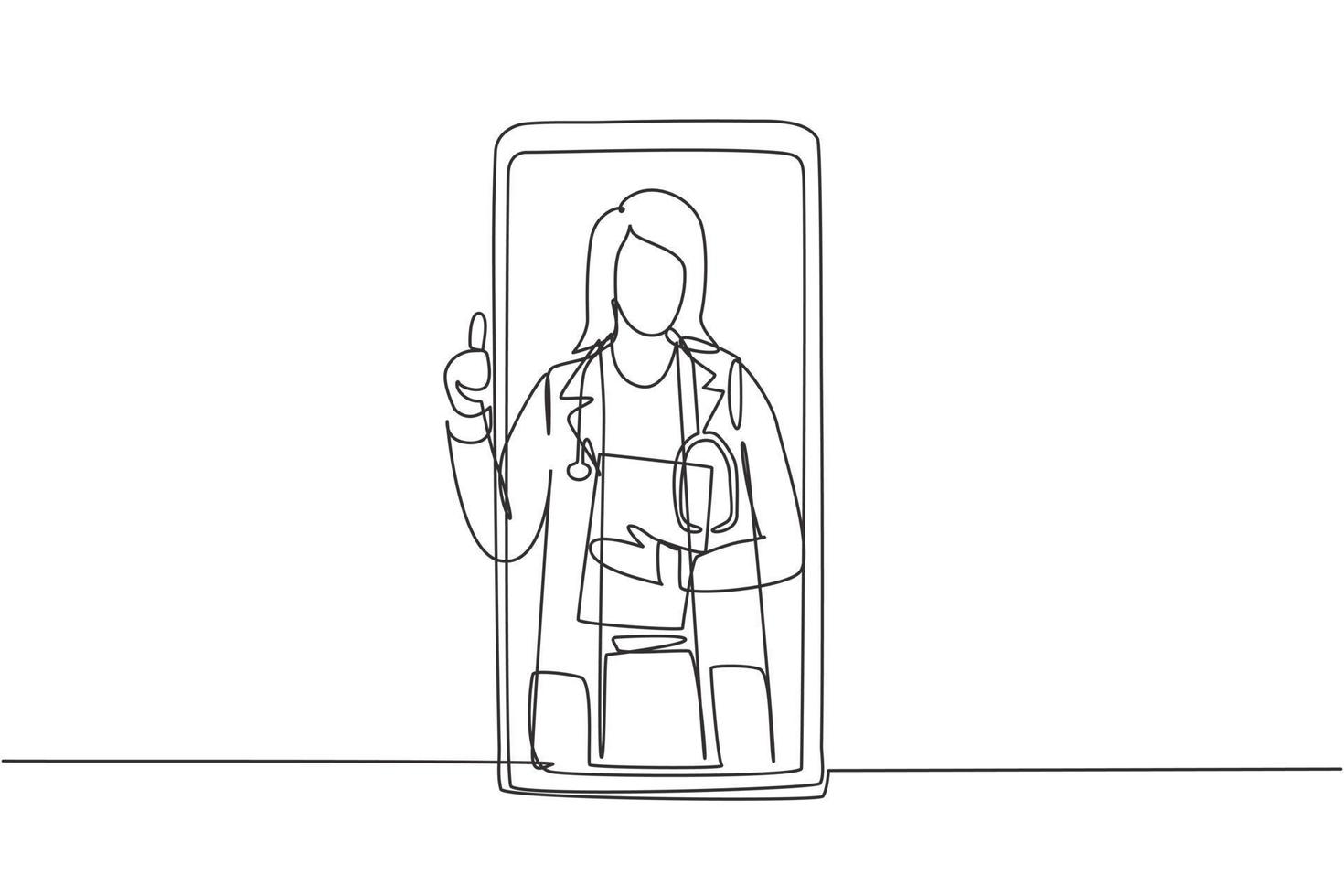 Continuous one line drawing female doctor comes out of smartphone screen while making thumbs up gesture. Online consultation doctor concept. Single line draw design vector graphic illustration