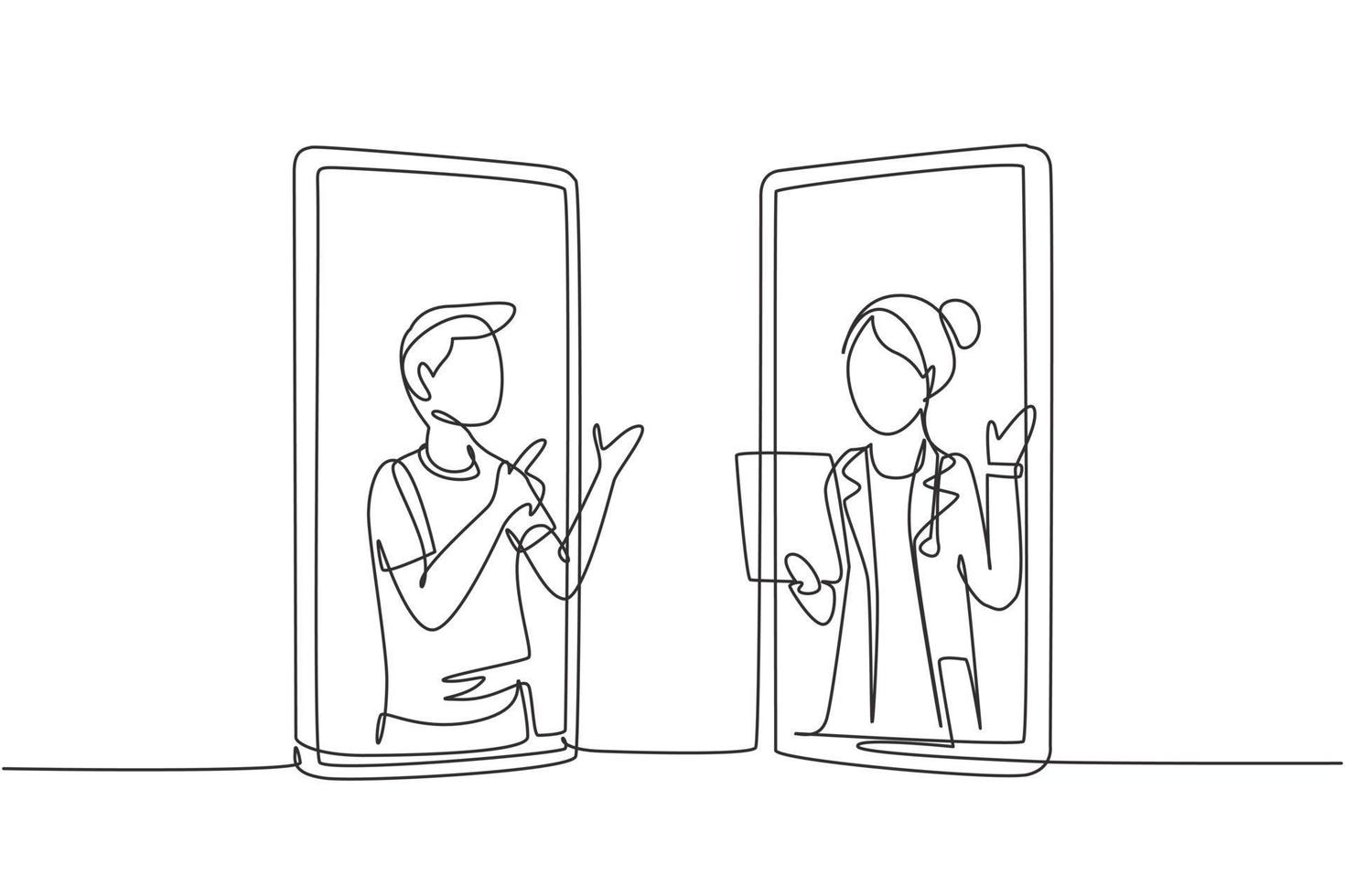 Continuous one line drawing two smartphones face to face and contain male patient and female doctor with their bodies as if coming out of a smartphone. Single draw design vector graphic illustration