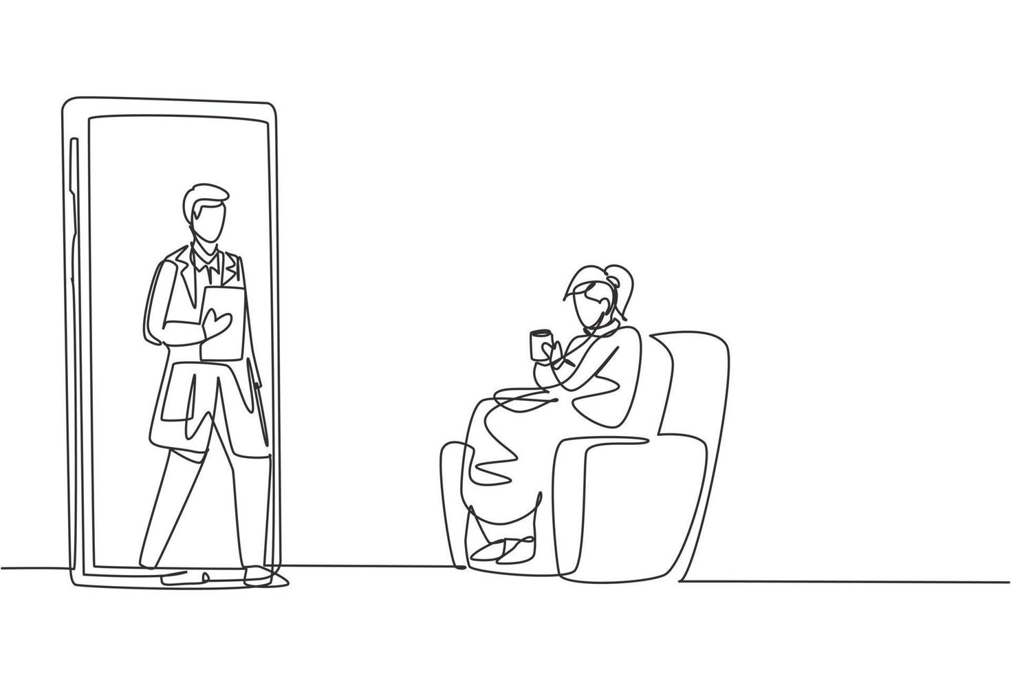 Single continuous line drawing female patient sitting curled up on sofa, using blanket, holding mug and there is male doctor walking out of smartphone, holding clipboard. Dynamic one line draw graphic vector