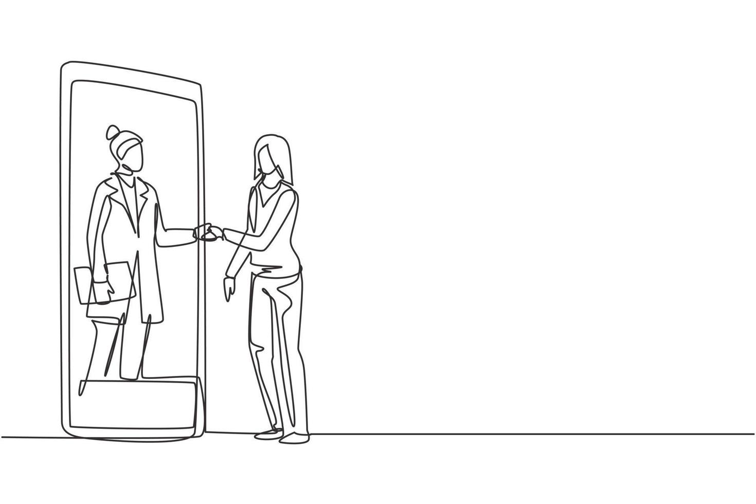 Single continuous line drawing female patient shaking hands with female doctor in smartphone holding clipboard. Online medical consultation concept. One line draw graphic design vector illustration