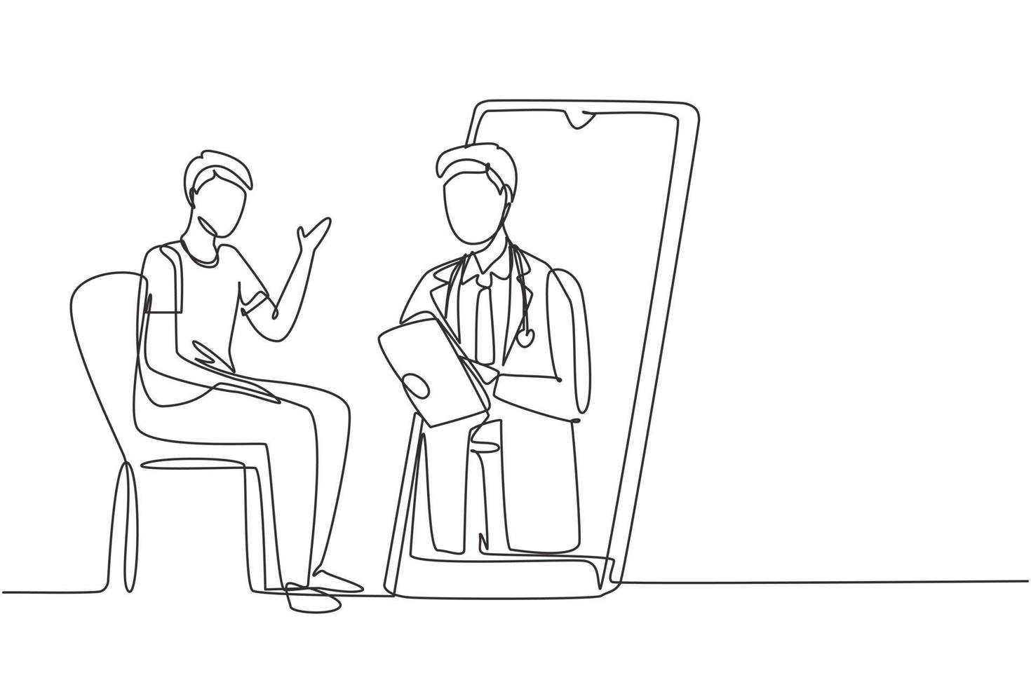 Continuous one line drawing male doctor holding clipboard checking condition of male patient sitting on chair. Online doctor consultation concept. Single line draw design vector graphic illustration