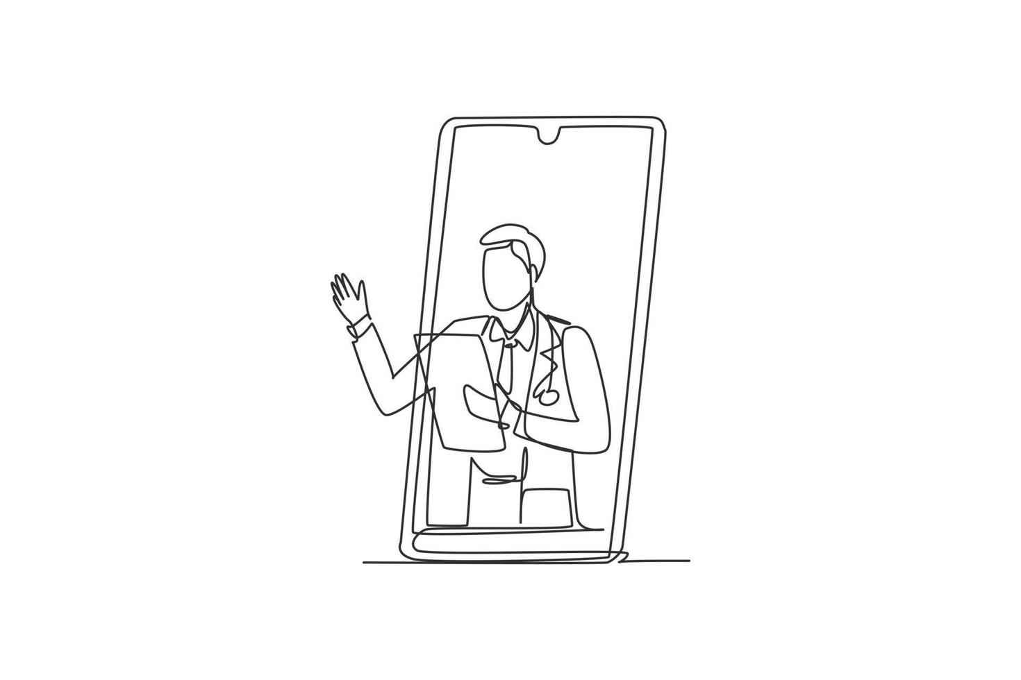 Single continuous line drawing male doctor comes out of smartphone screen holding clipboard. Online medical services, medical consultation. Dynamic one line draw graphic design vector illustration