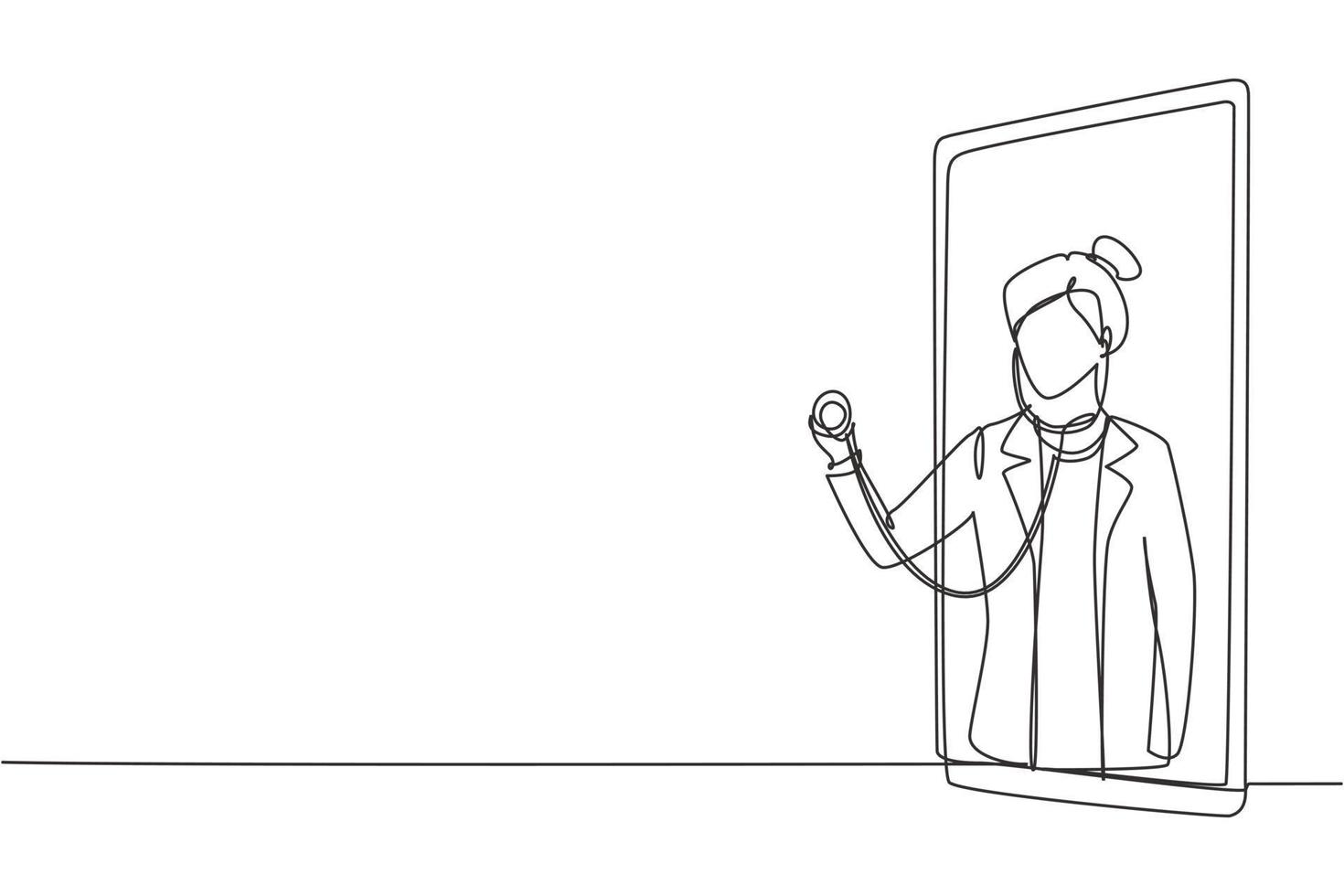 Continuous one line drawing female doctor comes out of smartphone screen holding stethoscope. Online medical services, medical consultation concept. Single line draw design vector graphic illustration