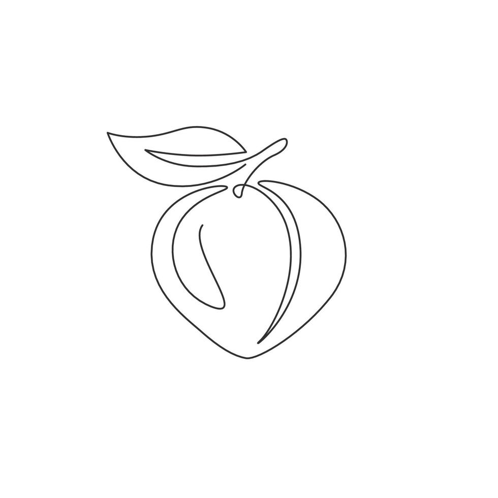 One continuous line drawing of whole healthy organic peach for orchard logo identity. Fresh fruitage concept for fruit garden icon. Modern single line draw design graphic vector illustration