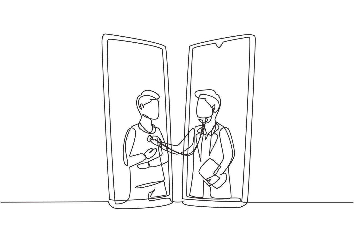 Single one line drawing two smartphones facing each other with male doctor checking heart rate of male patient using stethoscope. Online doctor. Continuous line draw design graphic vector illustration